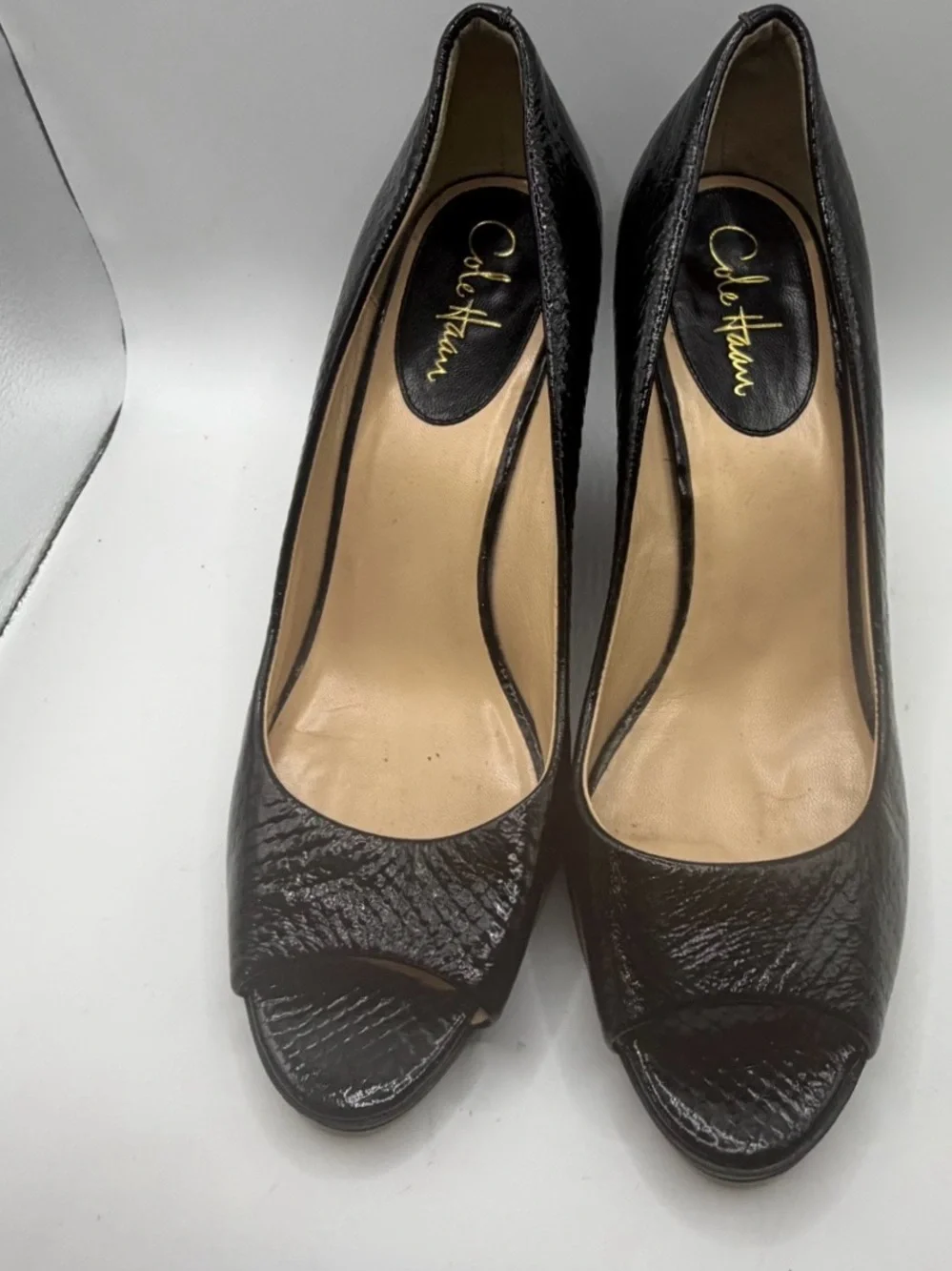 Cole Haan Black Snake Snake Skin Embossed Leather Peep-Toe Wedge Pumps